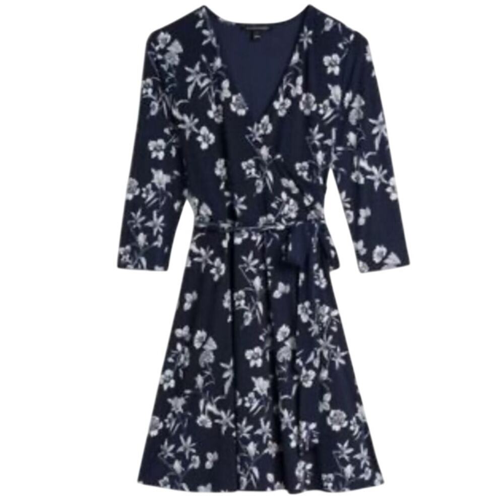 41 Hawthorn Floral Faux Wrap Tie Waist Dress 3/4 Sleeves Plus Size 1X Navy Blue